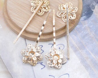 20 blanks hair pin, gold metal hair pin, jewelry bobby pin, filigree flower hair pin, two layer flower bobby pin, cabochon tray pins 55mm