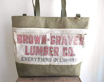 Military canvas, lumber apron carryall, large tote, beach bag - vtg Akron Ohio - eco vintage fabrics