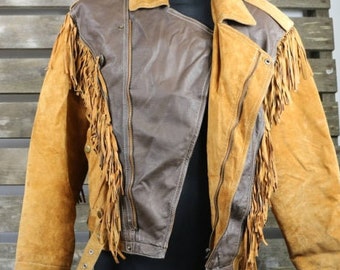 Vintage 1980's Tan (Womens/Mens) Fringe Leather And Suede Jacket / Motorcycle Jacket