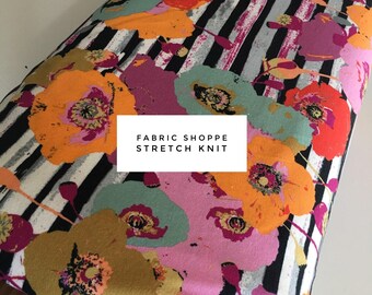 Jersey Fabric, Jersey KNIT fabric, stretch spandex cotton blend, Stretchy fabric, Leggings, Headband fabric, Stretch fabric- Floral Stipe
