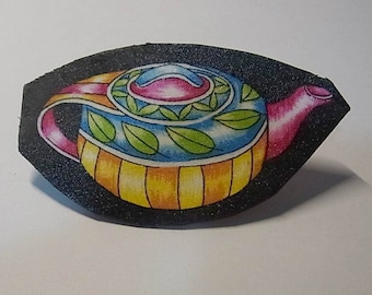 Teapot brooch, yellows and pink