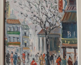 Original Oil on Canvas Impressionist Winter Street Scene by Rodini