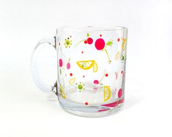 Hand Painted Glass Mug - Summertime - Iridescent, Translucent Lemons, Berries and Accents Painted on a Clear Glass Mug