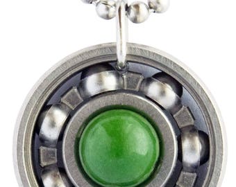 Deep Green Jade Roller Derby Skate Bearing Pendant Necklace