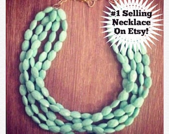 Statement Necklace - Chunky Beaded Statement Necklace MultiStrand in Mint JUST RESTOCKED