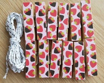 Pink Chocolate Covered Strawberries Chunky Little Clothespin Clips w Twine for Display - Set of 12 - Valentine's Day - Ready to Ship