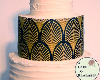 3 art deco printed wafer paper sheets for cake decorating. 8" x 10" edible paper to wrap tiered wedding cakes in a black and gold pattern