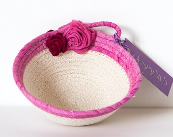 Small Cotton Rope Bowl, Coiled Rope Bowl, Round Bowl, Silk Fabric Bowl, Pink Coil Bowl, Small Pink Bowl, Gifts for Her, Fabric Bowl