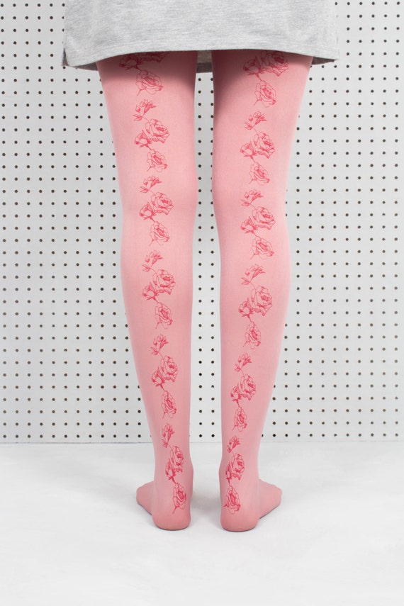Hand Screen Printed Dusty Pink Rose Tights. Gift for her. Rose