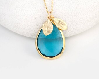 London Blue Topaz Necklace, December Birthstone Necklace, Gift for Sister, Gold Name Necklace, Keepsake Gift, Tear Drop Stone, Handmade Gift