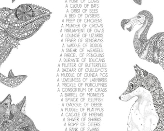 Animal Collectives Part 2 - Collective Nouns - Mandala Artwork - Nursery Print A3, A4