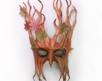 15 1/2" Tall Tree Leather Mask with Fabric Leaves greenman greenwoman forest