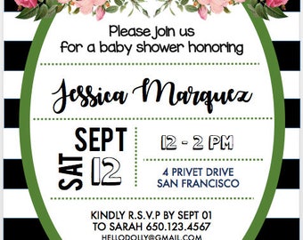 Black and White Striped Flower Baby Shower Invitation