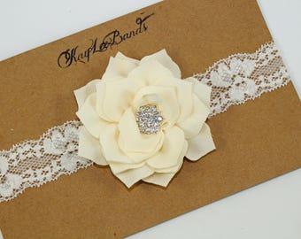 Flower girl headband, rustic wedding headband, bridal headband, ivory lace headband, baby girl headband, ivory flower headband