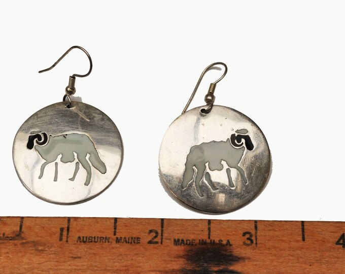 Silver Ram Dangle earrings - Mexico Alpaca - Black white Enamel - figurine earring