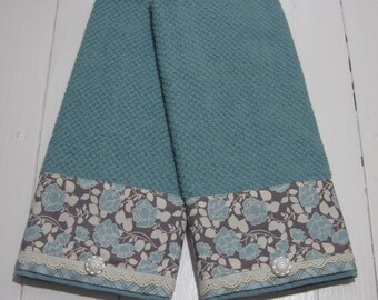 Kitchen Towel, Dish Towel, Dishtowels, Kitchen Towels, Kitchen Linens, Dish Cloths & Kitchen Towels, Deep Teal with Floral Print Trim