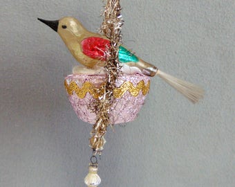 Antique German Glass Christmas Tree Ornament Bird On Nest 1920s-1930s