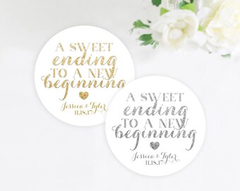 A Sweet Ending to a New Beginning Wedding Favor Sticker, Gold Glitter, Silver Glitter, Favor Stickers, Mint to Be, Wedding Stickers, 2 inch