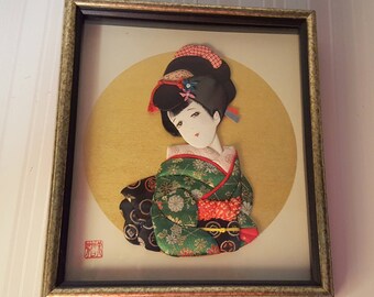 Vintage Japanese Oshie Craft Geisha in Kimono Signed and Framed