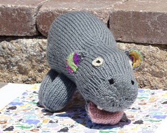 Knitted Hippo, Stuffed Animal, Hand Knitted Hippo, Kids Toy, Stuffed Hippo, Knit Toy, Stuffed Hippo, Plush Hippo, All Handmade, Boys' Toy