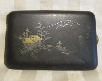 Vintage 1920s Cigarette Case Asian Design Cigarette Case Matte Black Cigarette Case Business Card Case Excellent Condition