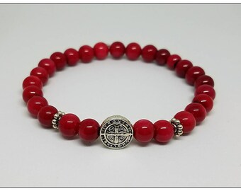 6mm Red Coral St. Benedict Charm Bead Bracelet. Protect From Evil Saint Benedict Bracelet. Mala Bead Protection Bracelet