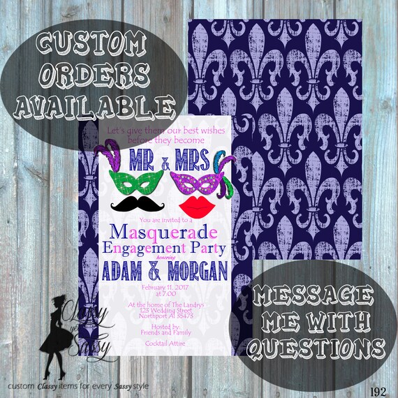 Mardi Gras Engagement Party Invitation, Masquerade Engagement Shower Invitation, Carnival Shower party Invitation 192