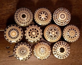 1.5 inch mandalas, gold, black, black and gold, cabinet knobs, drawer pulls, Indian art, mandala, EACH SOLD SEPARATELY