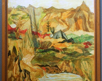 Beatrice Mandelman Original American WPA Taos Modernist Vintage Gouache And Collage Painting Mixed Media Landscape Santa Fe Art