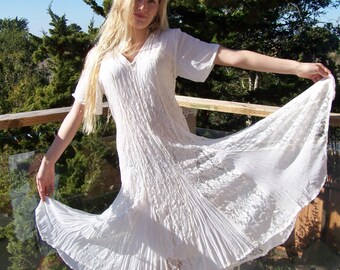 Lace Dress, 80s, Ivory, Romantic, Flowy, Rayon, short sleeve dress, size L