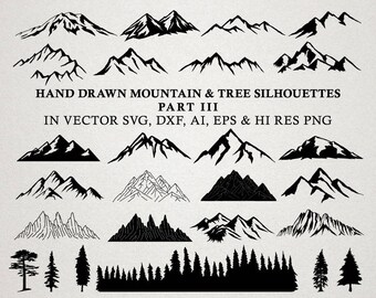 Hand Drawn Mountain Clipart - Mountain Silhouette & Nature Rustic Tree Clipart Clip art PNG Vector EPS, AI Design Element Instant Download