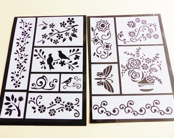 stencil flexible stickers bird leaf branch Butterfly flower 12 stencils in 2 sheets