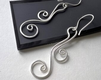 Sterling Silver Earrings, Earthy Rustic Silver Dangle Flourish Spiral Earrings, Flower Earrings, Long Silver Dangle, Simple Artisan Earrings