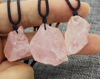 Natural Raw Rose Quartz Pendants with Necklace Rope/Healing Crystal Necklace/DIY Jewelry Making /#DZ-S80316P813