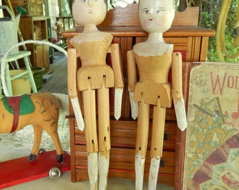 2 Antique Wooden Grodnertal Style ~ Jointed Dolls ~ Lot Of Two Vintage Penny Peg ~ 11.5" & 12" Dolls ~