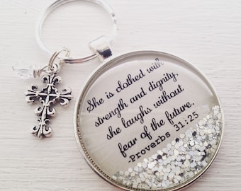 Proverbs 31 personalized keychain, "She is clothed with strength and dignity", bible verse keychain, Christian gift, cross keychain