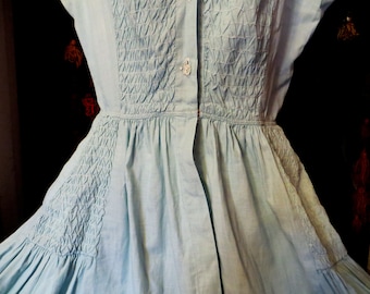 Gorgeous 50s Shirred Cotton Dressw/Sparkling Glass Buttons