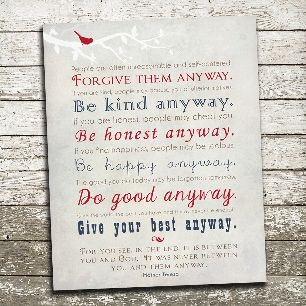 Mother Teresa Quote Wall Art Print Be Kind Anyway Gift Print