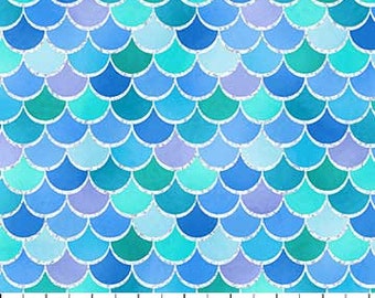 Mermaid Wishes Scales - Blue Silver Metallic 21963-44 by Northcott Cotton Fabric Yardage