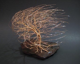 Wire Tree Sculpture of Windswept Willow In Gold