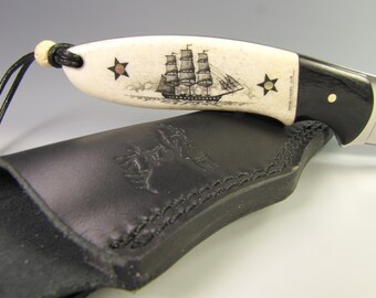 Elk Ridge fixed blade 8'' knife scrimshaw bone handle USS Constitution & stars
