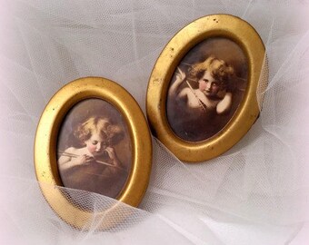 Antique Cupid Awake / Cupid Asleep - Framed Oval Sepia Prints - 1897 - M.B. Parkinson New York