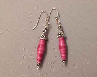 Hot Pink Earrings with Fair Trade Recycled Paper Beads