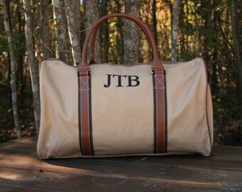 Mens Monogrammed Tan Canvas Weekend Bag Personalized Overnight Bag