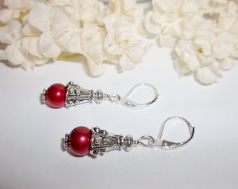Jewelry Earrings Red Pearl Dangle Sterling Silver Leverback Lever Back Earwires Drop Gift For Mom Sister Friend Elegant Jewelry wvluckygirl