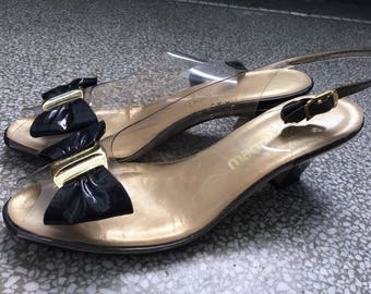 Vtg California Magdesians Clear Vinyl Peep Toe Slingback Cha Cha Heels
