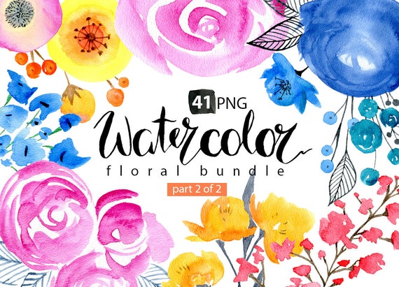 Watercolor floral clipart: 41 bright Branches Flowers Leaves