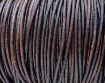2mm Antique Brown Leather Cord - Distressed Leather Cord Round Natural Dye - 2 Yard Increments