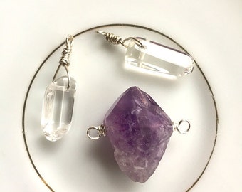 Bead destash 3 handbeaded drops dangles for jewelry making, quartz crystal points, amethyst crystal point, silver wires Lot #9