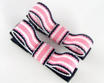 Toddler Hair Clips Navy Blue and Hot PInk Striped - Baby Hair Clips Barrettes - No Slip Alligator Clips